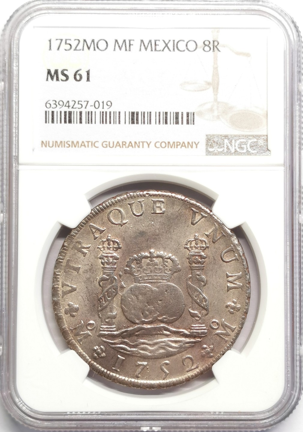 凡希社世界钱币微拍第二百十六期 荐！1752墨西哥斐迪南六世地球双柱NGC-MS61粉光淡彩收藏级！