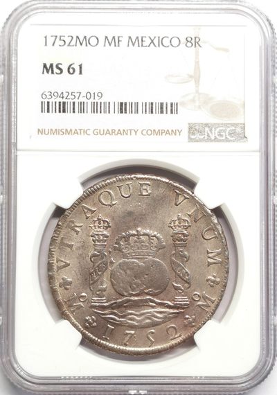 凡希社世界钱币微拍第二百十六期 - 荐！1752墨西哥斐迪南六世地球双柱NGC-MS61粉光淡彩收藏级！