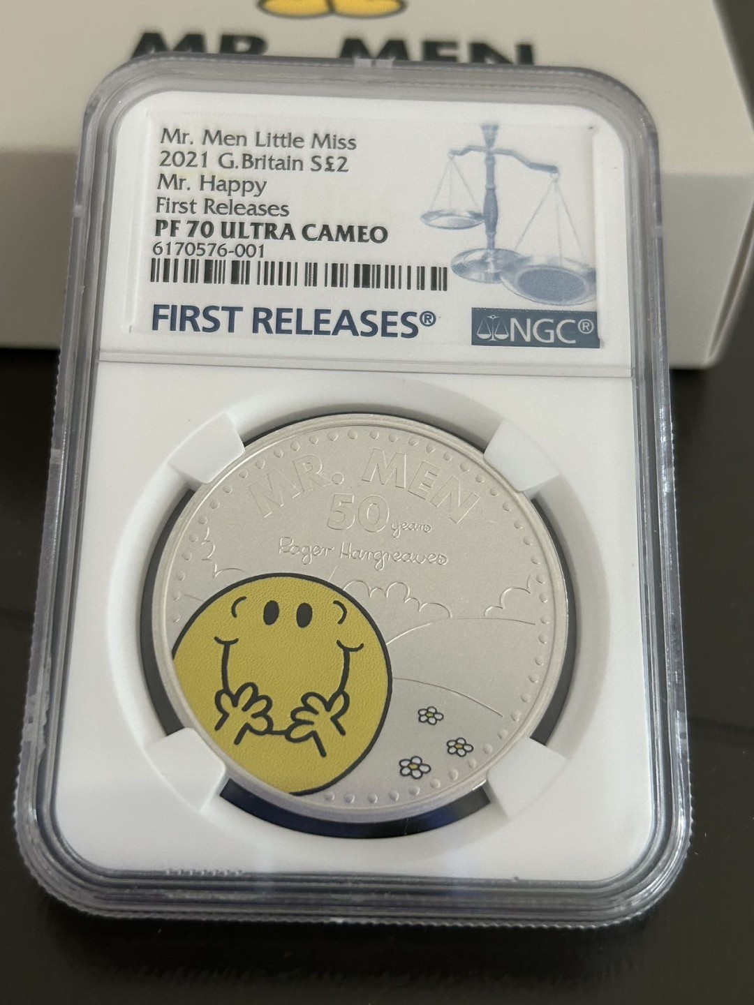 收藏联盟Quantum Auction 第212期拍卖  英国2021年2英镑 NGC PF70UC 满分级别 首发蓝标 Mr.Men Little Miss系列 阳光小姐姐彩色精制银币 