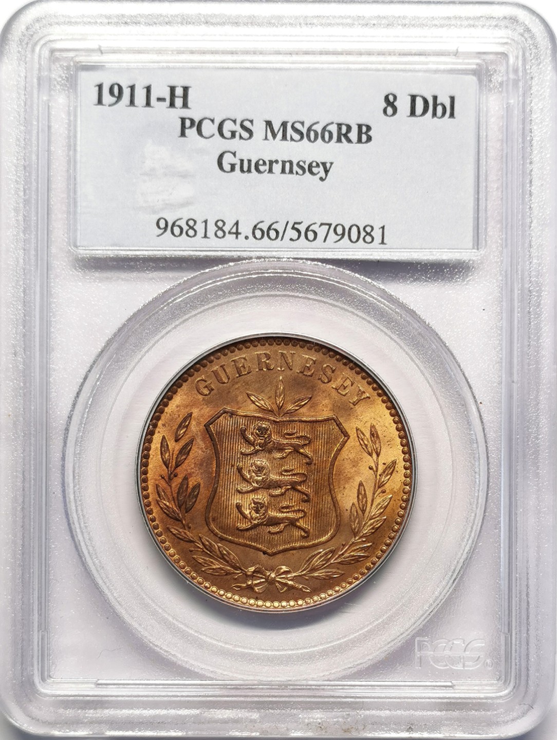 凡希社世界钱币微拍第二百十六期 1911H根西岛8道波大铜PCGS-MS66原色铜光！