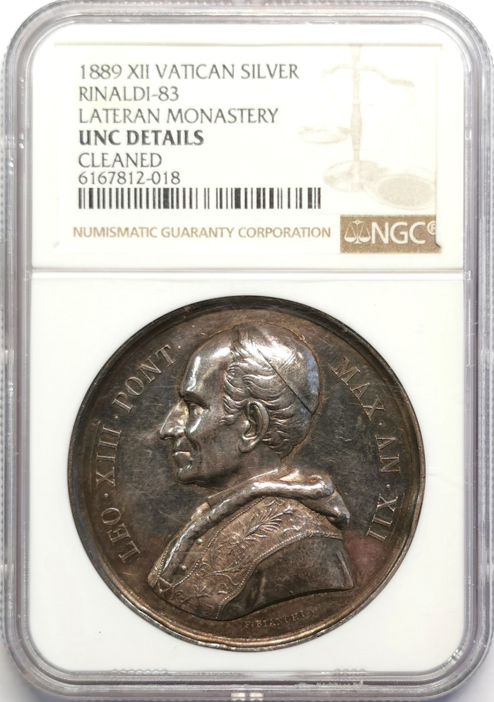 凡希社世界钱币微拍第二百十六期 1889梵蒂冈拉特兰修道院纪念银章NGC-UNCD教宗里奥八世