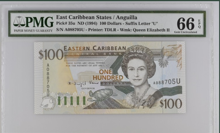 收藏联盟Quantum Auction 第200期拍卖  东加勒比国家(安圭拉)1994年100元 PMG66 首发A冠 U是地区代码