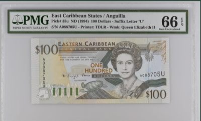 收藏联盟Quantum Auction 第200期拍卖  - 东加勒比国家(安圭拉)1994年100元 PMG66 首发A冠 U是地区代码