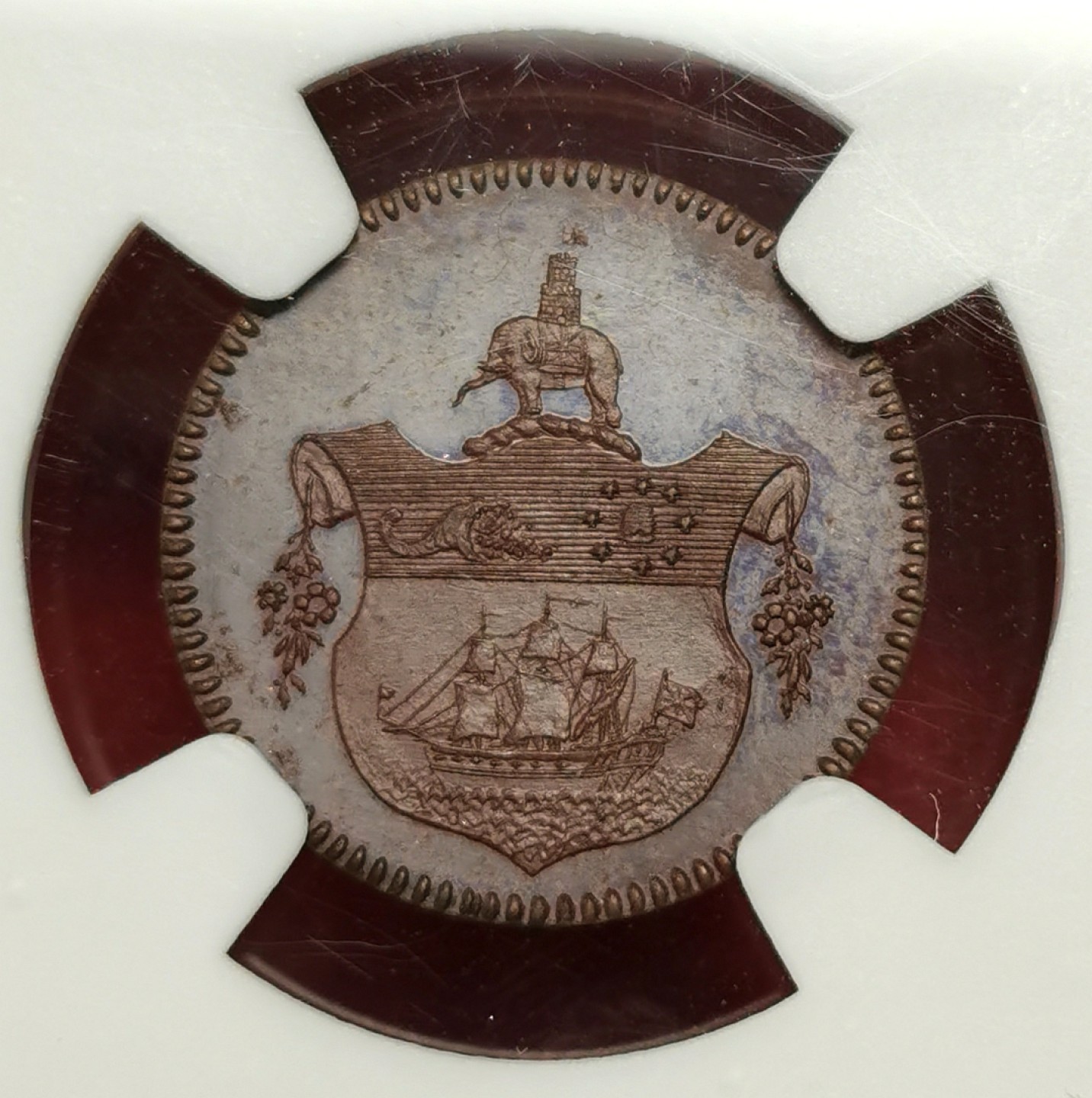 凡希社世界钱币微拍第二百十六期 荐！1796黄金海岸Tackoe铜质样币NGC-PF64铜色优美！