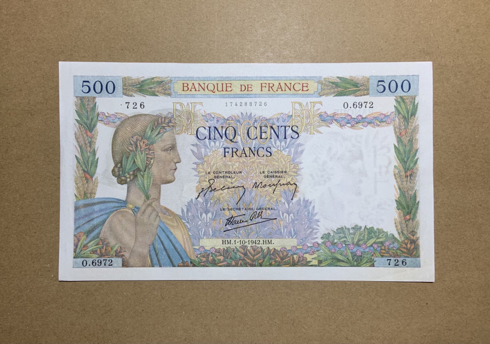 收藏联盟Quantum Auction 第200期拍卖  法国1942年500法郎 品相UNC- 无针孔