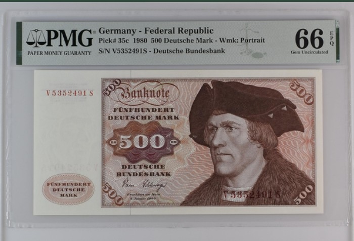 收藏联盟Quantum Auction 第200期拍卖  德国联邦1980年500马克 PMG66 较少年份 大副