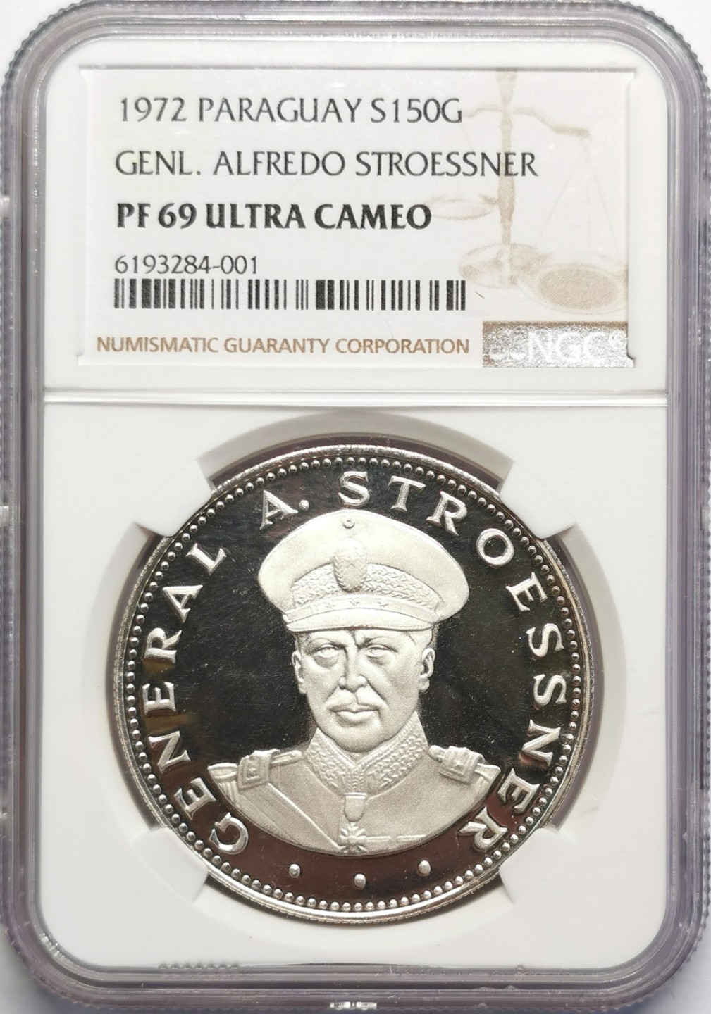 凡希社世界钱币微拍第二百十六期 1972巴拉圭斯特罗斯纳将军150瓜拉尼克朗大银精铸NGC-PF69UC少见品种！