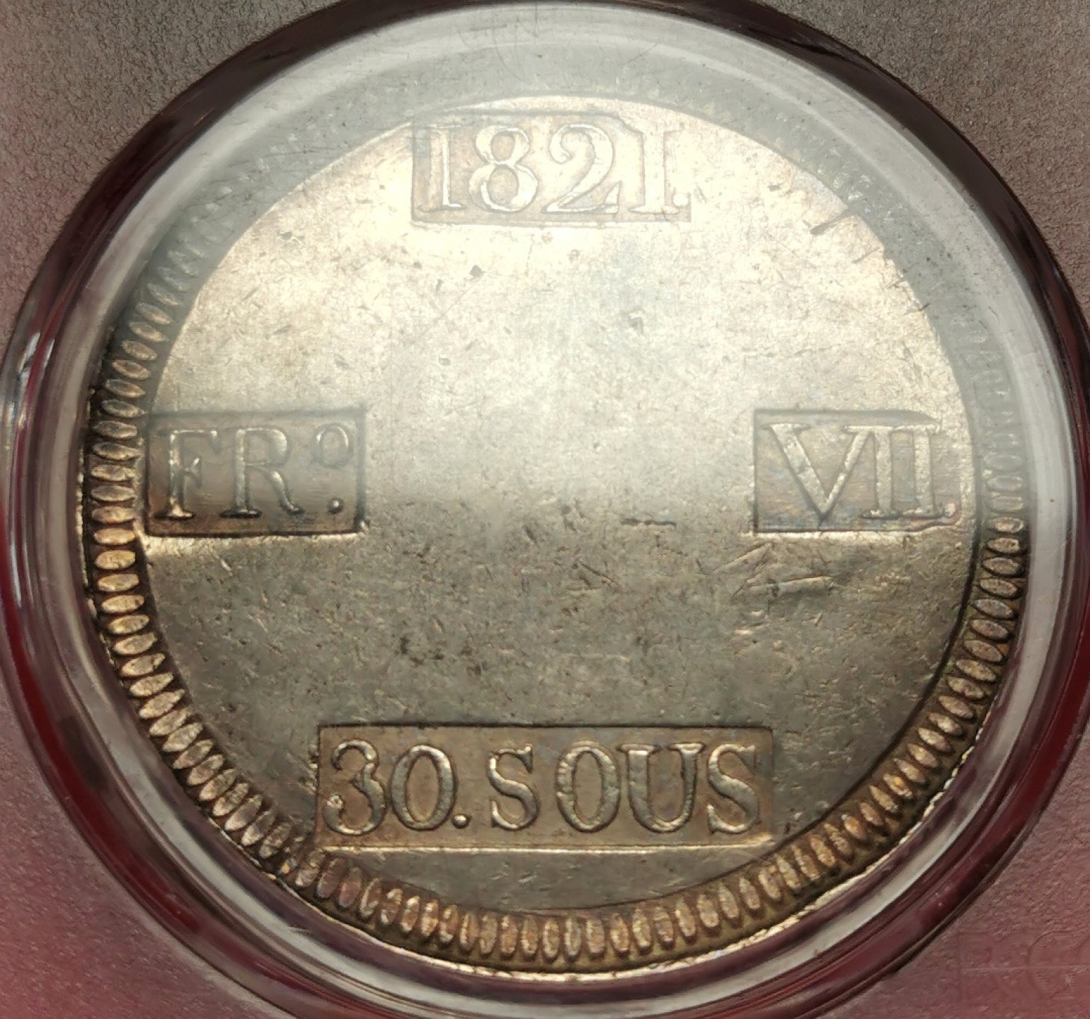 凡希社世界钱币微拍第二百十六期 荐！1821西班牙马略卡岛费七复辟加盖30OUS大银PCGS-AU53