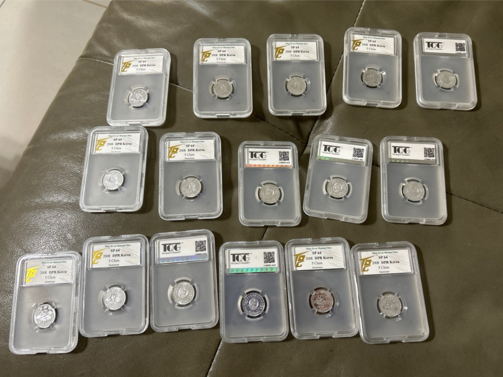 收藏联盟Quantum Auction 第201期拍卖 硬币场 2008年朝鲜 当下流通硬币的样币 花卉样币5钱 16枚 错版-背逆 TQG SP64