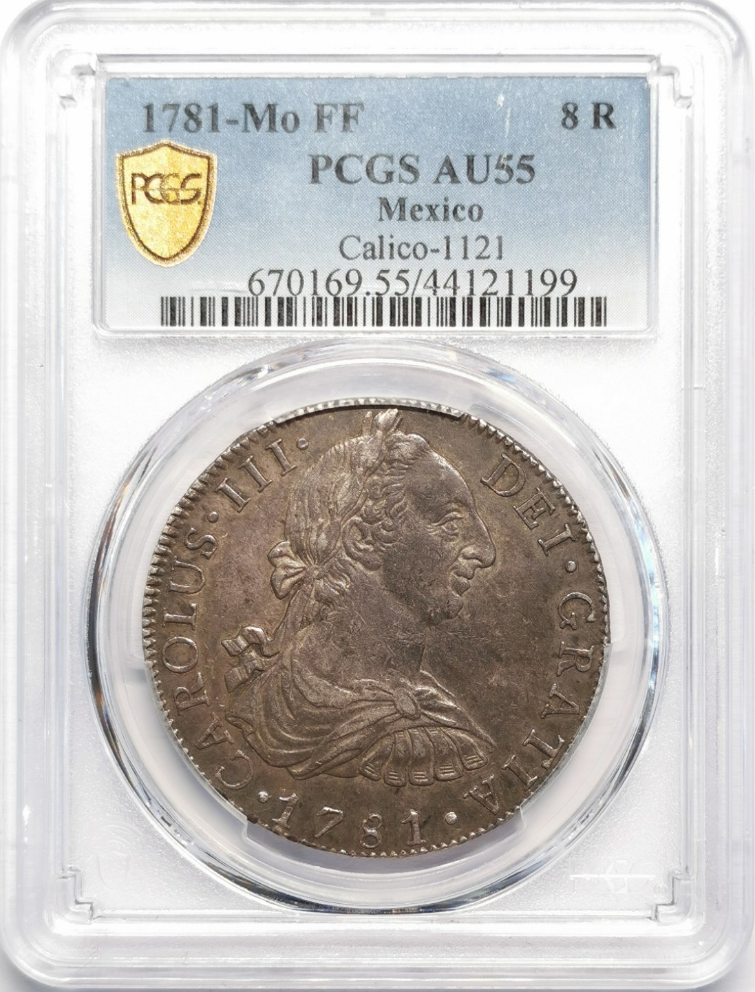 凡希社世界钱币微拍第二百十六期 1781MO墨西哥卡三双柱PCGS-AU55黑彩原味品！