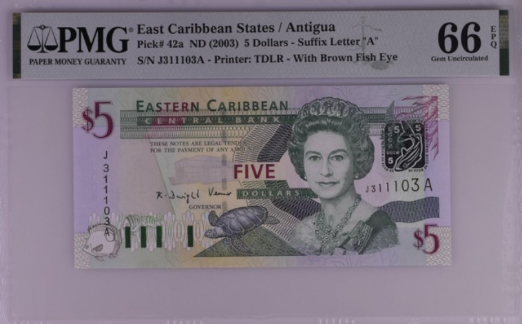 收藏联盟Quantum Auction 第200期拍卖  东加勒比国家/安圭拉2003年5元 PMG66 号码无4且自带豹子号111