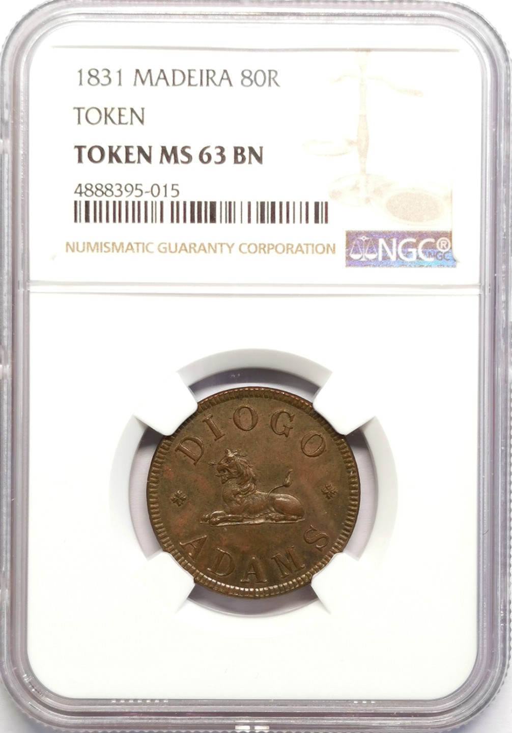 凡希社世界钱币微拍第二百十六期 1831葡属马德拉岛80R铜代用币NGC-MS63