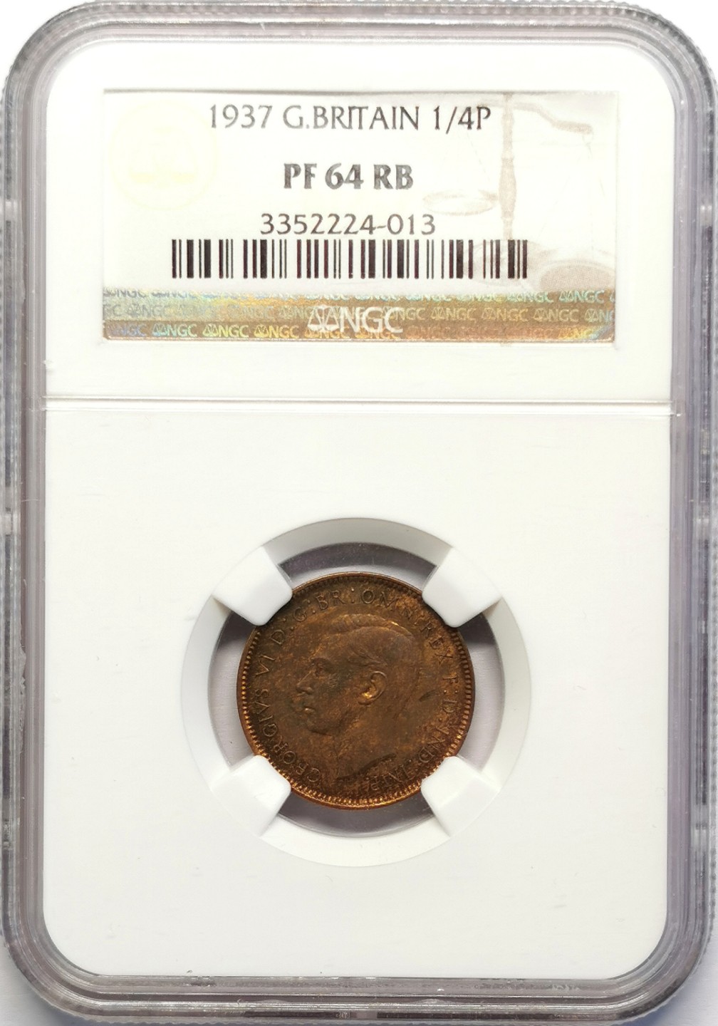 凡希社世界钱币微拍第二百十六期 1937英国乔六1/4便士精铸NGC-PF64