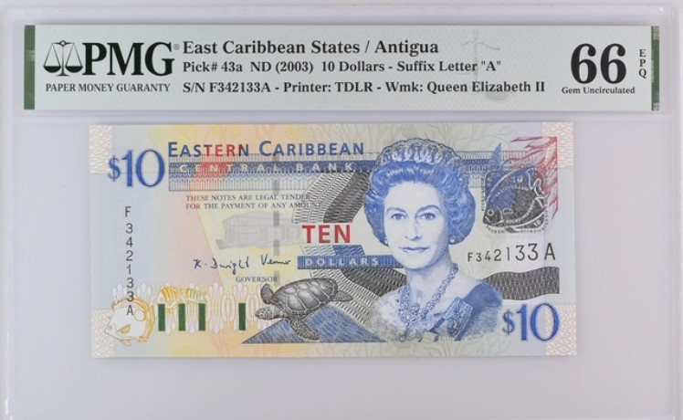 收藏联盟Quantum Auction 第200期拍卖  东加勒比国家(安圭拉)2003年10元 PMG66