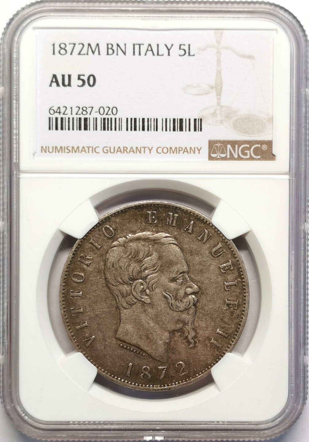 凡希社世界钱币微拍第二百十六期 1872意大利曼努埃尔二世5里拉大银NGC-AU50