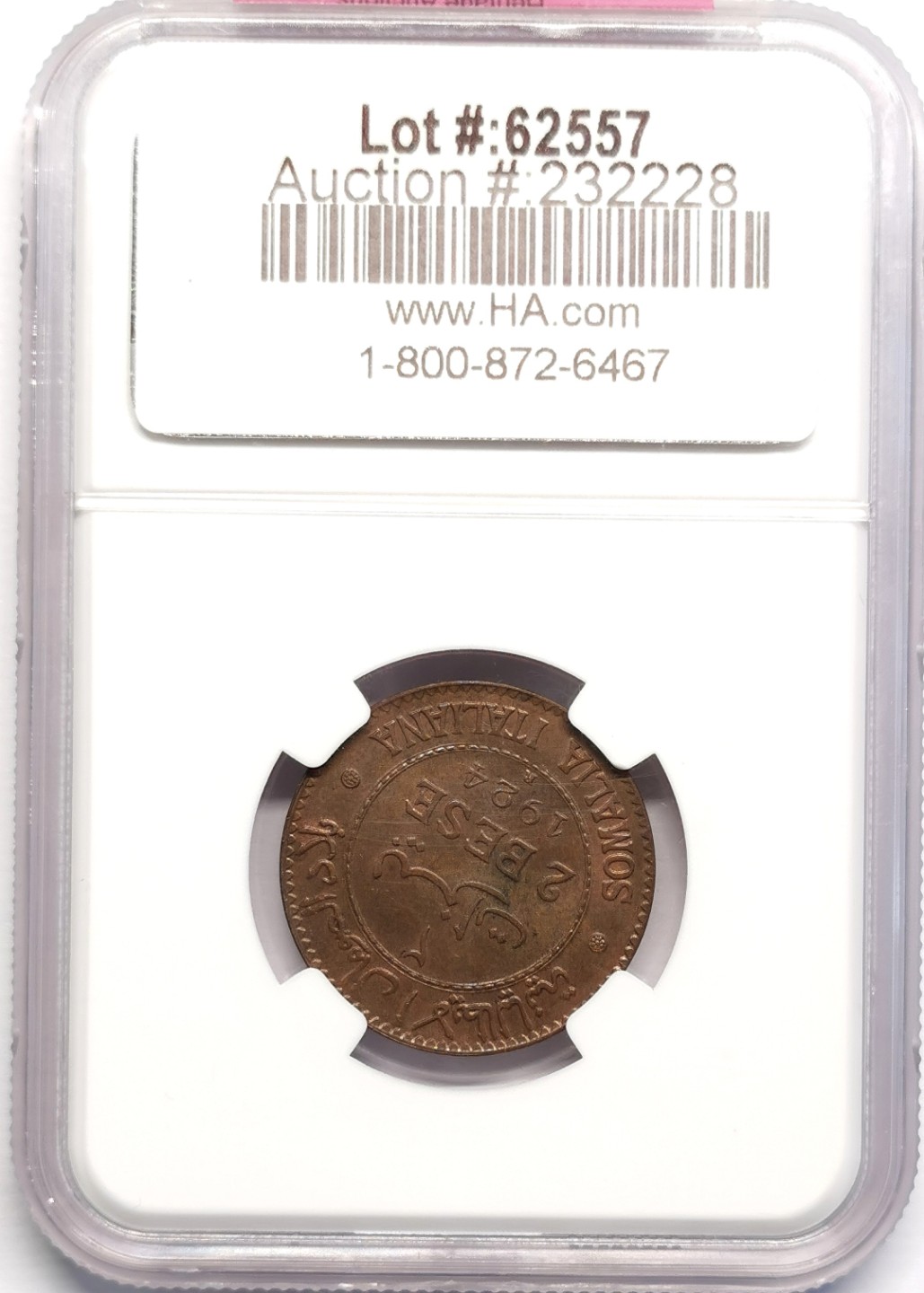 凡希社世界钱币微拍第二百十六期 荐！1924R意属索马里2BESA铜币NGC-MS64流通版高分稀有！