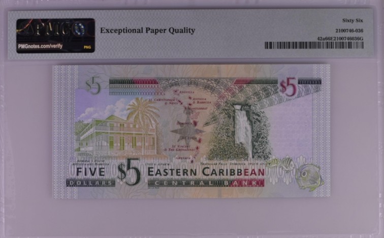 收藏联盟Quantum Auction 第200期拍卖  东加勒比国家/安圭拉2003年5元 PMG66 号码无4且自带豹子号111