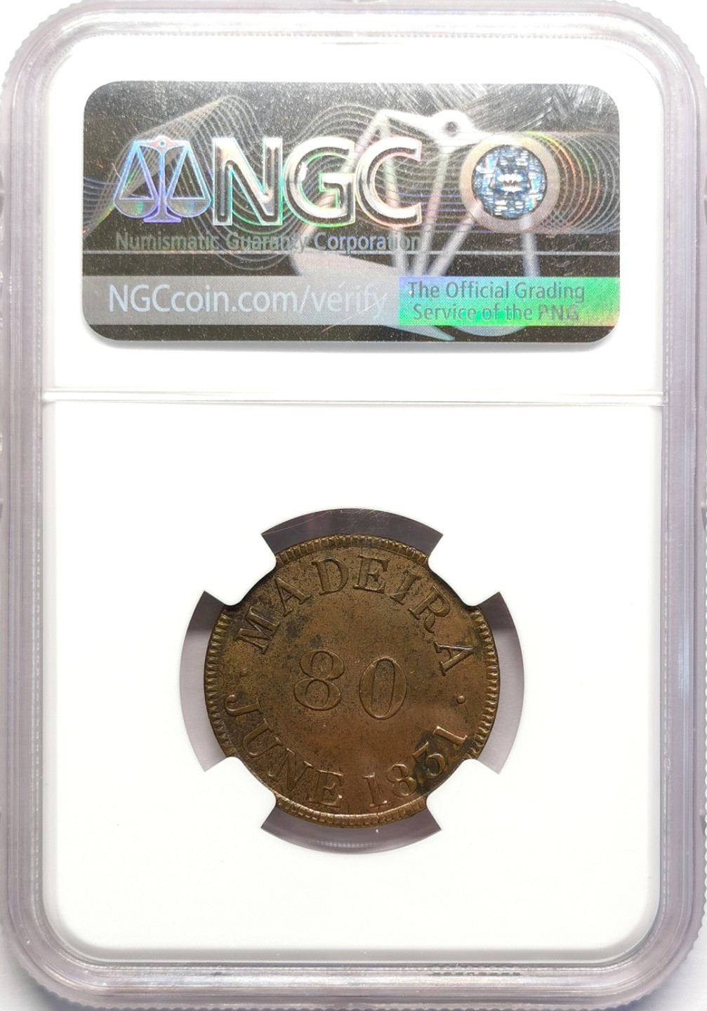 凡希社世界钱币微拍第二百十六期 1831葡属马德拉岛80R铜代用币NGC-MS63