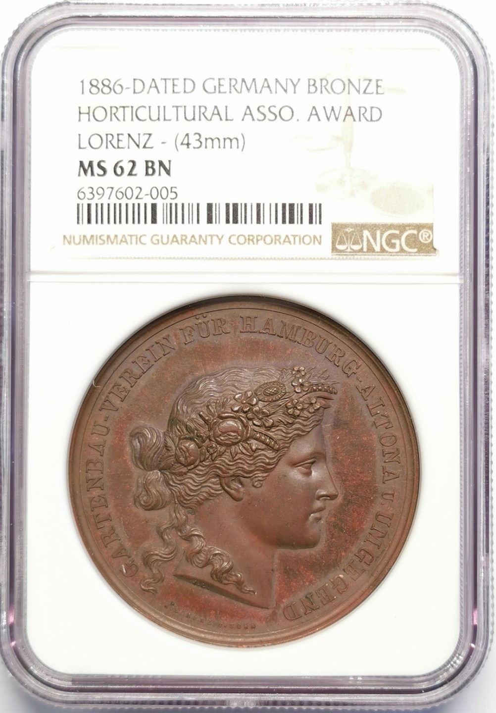 凡希社世界钱币微拍第二百十六期 1886德国园艺协会纪念铜章NGC-MS62雕刻精美！