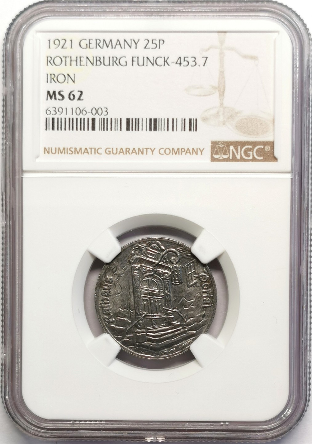 凡希社世界钱币微拍第二百十六期 1921德紧罗森伯格25芬尼铁币NGC-MS62