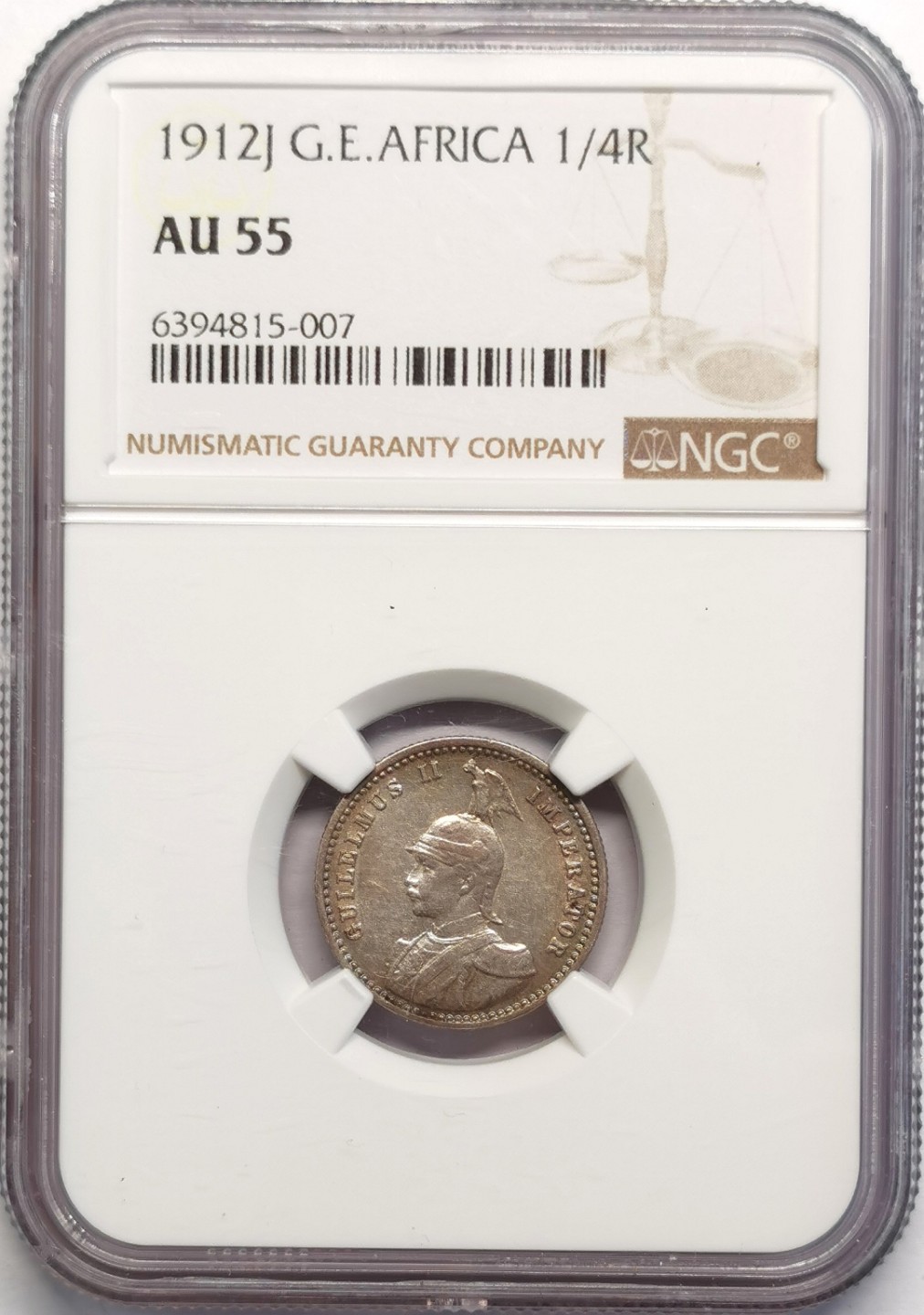 凡希社世界钱币微拍第二百十六期 1912J德属东非1/4卢比NGC-AU55