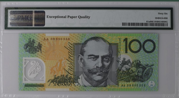 收藏联盟Quantum Auction 第200期拍卖  澳大利亚2008年100元 PMG66 AA冠 号码无47
