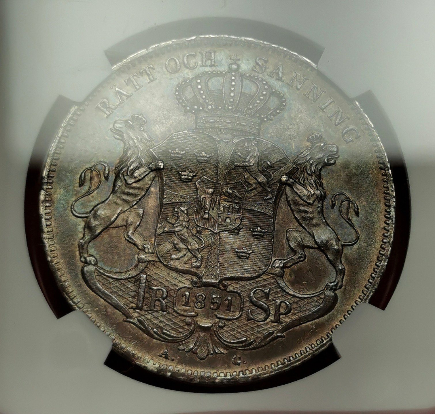 凡希社世界钱币微拍第二百十六期 荐！1851瑞典奥斯卡一世RIKSDALER34克超大银NGC-MS62烟熏彩味道十足！