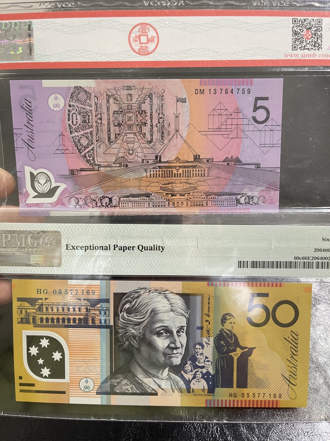 《外钞收藏家》第二百一十期 澳大利亚塑料钞50元 PMG66、5元爱藏68 两张一起