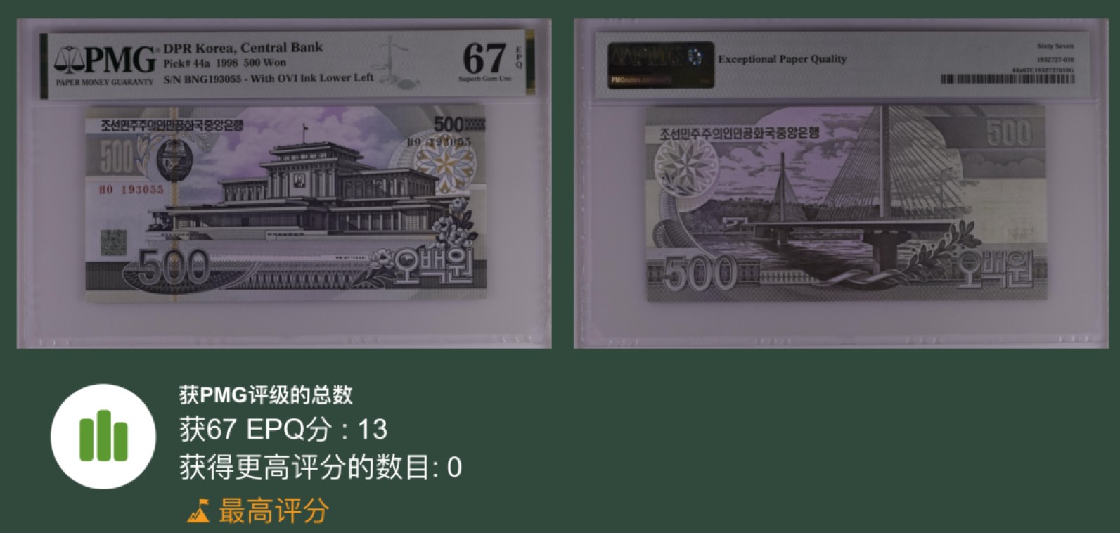 收藏联盟Quantum Auction 第200期拍卖  朝鲜1998年500元 PMG67 冠军分 稀少平版凯旋门水印 OVI-变色油墨版