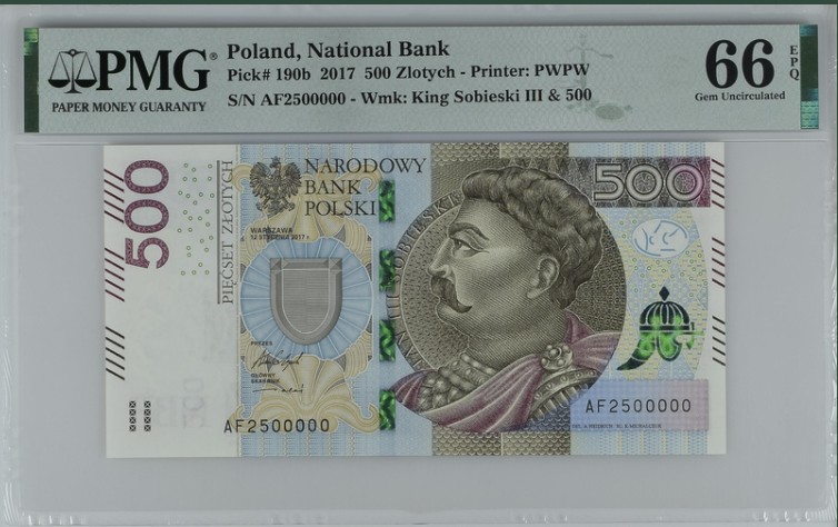 收藏联盟Quantum Auction 第200期拍卖  波兰2017年500兹罗提 PMG66 最高面值 大象号且为稀有00000 无347 