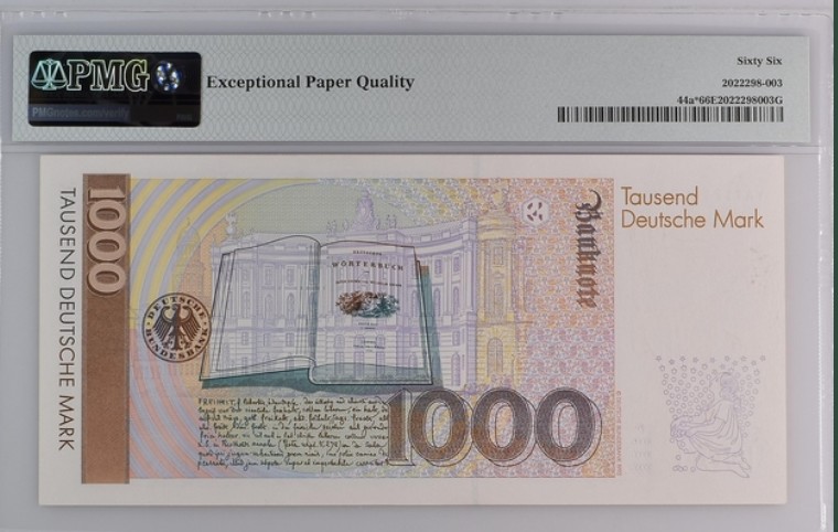 收藏联盟Quantum Auction 第200期拍卖  德国联邦1991年1000马克  PMG66 补号 童话大师格林兄弟