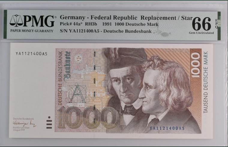 收藏联盟Quantum Auction 第200期拍卖  德国联邦1991年1000马克  PMG66 补号 童话大师格林兄弟
