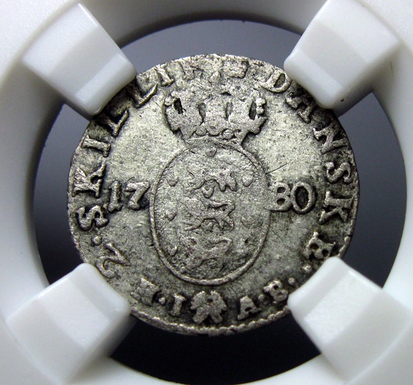 丹麦银币,1780,克里斯蒂安七世,2斯基林,18mm,1g,自打标签盒子R0411mx