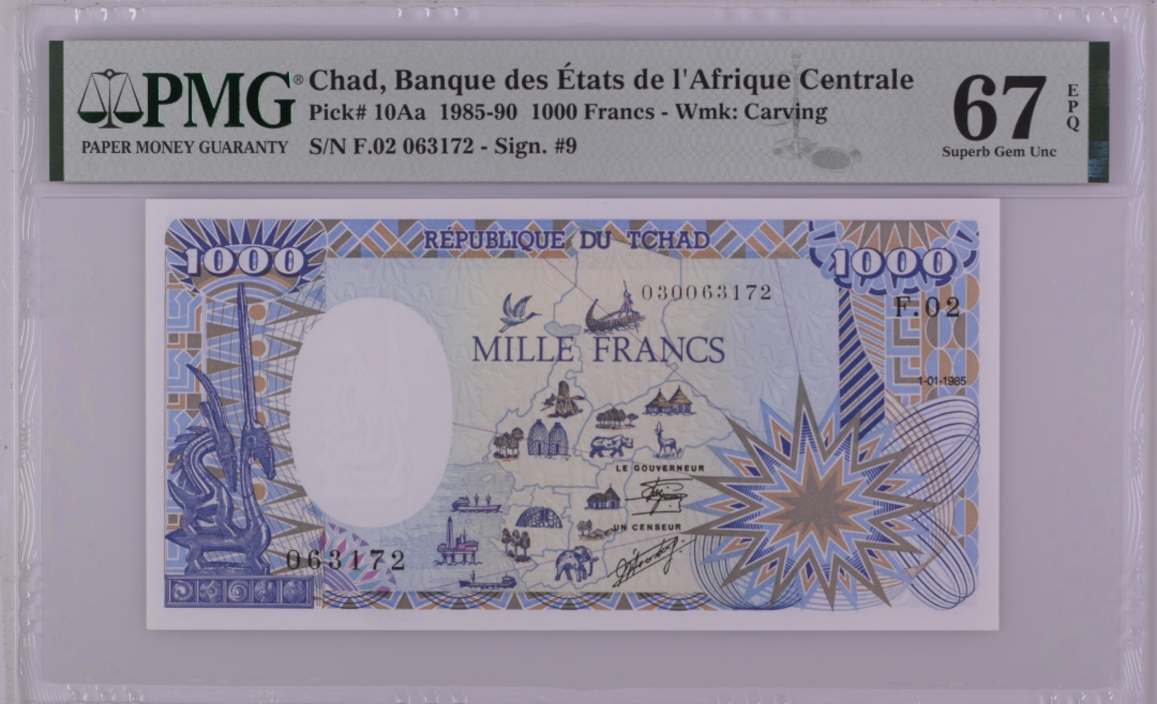 收藏联盟Quantum Auction 第200期拍卖  乍得1985-90年1000法郎 PMG67 冠军分 大象