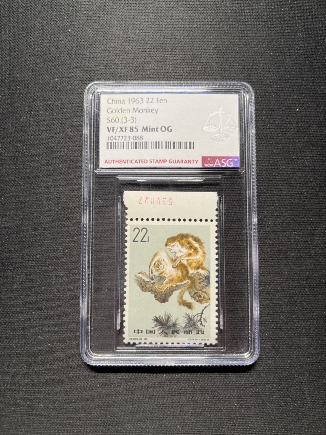 洪涛臻品 精选邮票限时拍卖第六十一期 特60金丝猴新3-3  ASG85分OG，数字边，老纪特三俗稀缺货，人气票★白胶润泽★收藏把玩，爱不释手，最严格时期出分，喜欢不要错过。ASG评级处于初级阶段，未来市场潜力巨大，注意提前囤精品货