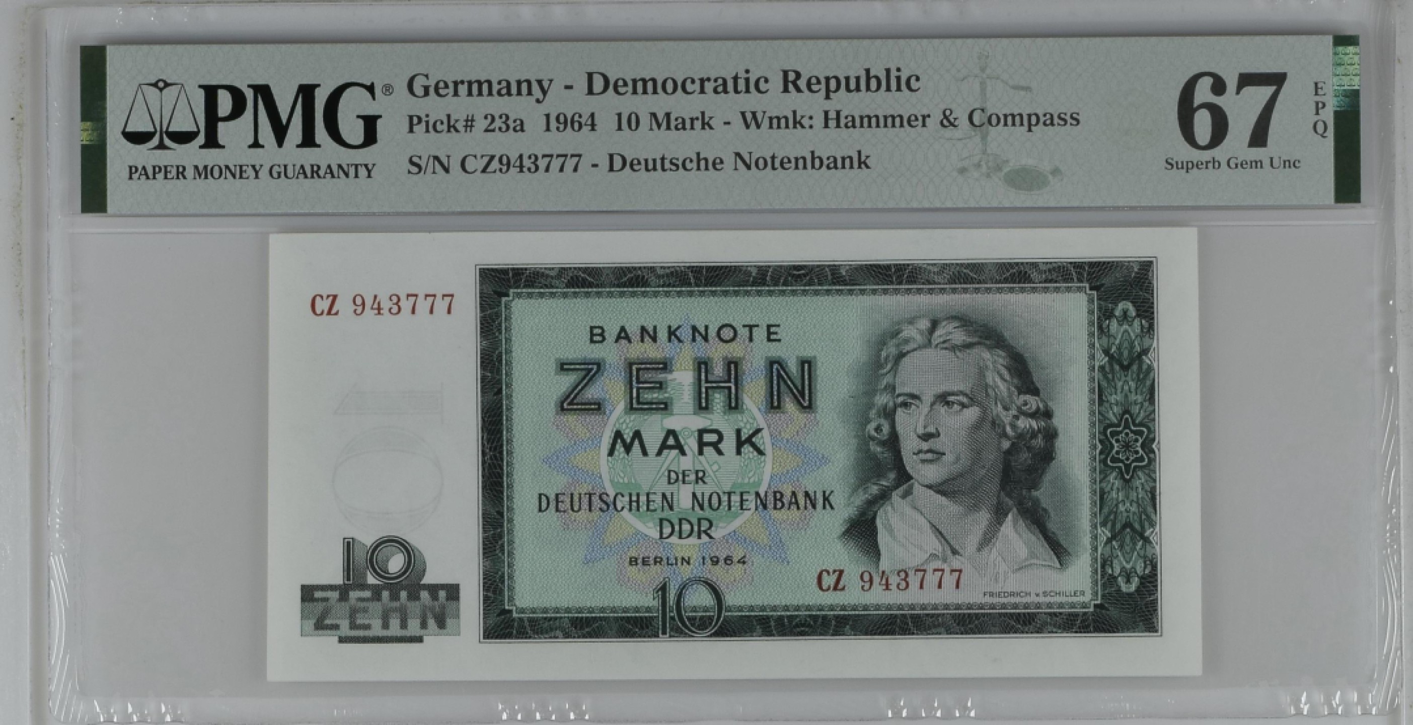 收藏联盟Quantum Auction 第200期拍卖  德国民主1964年10马克 PMG67 豹子号 诗人，剧作家，哲学家和历史学家席勒