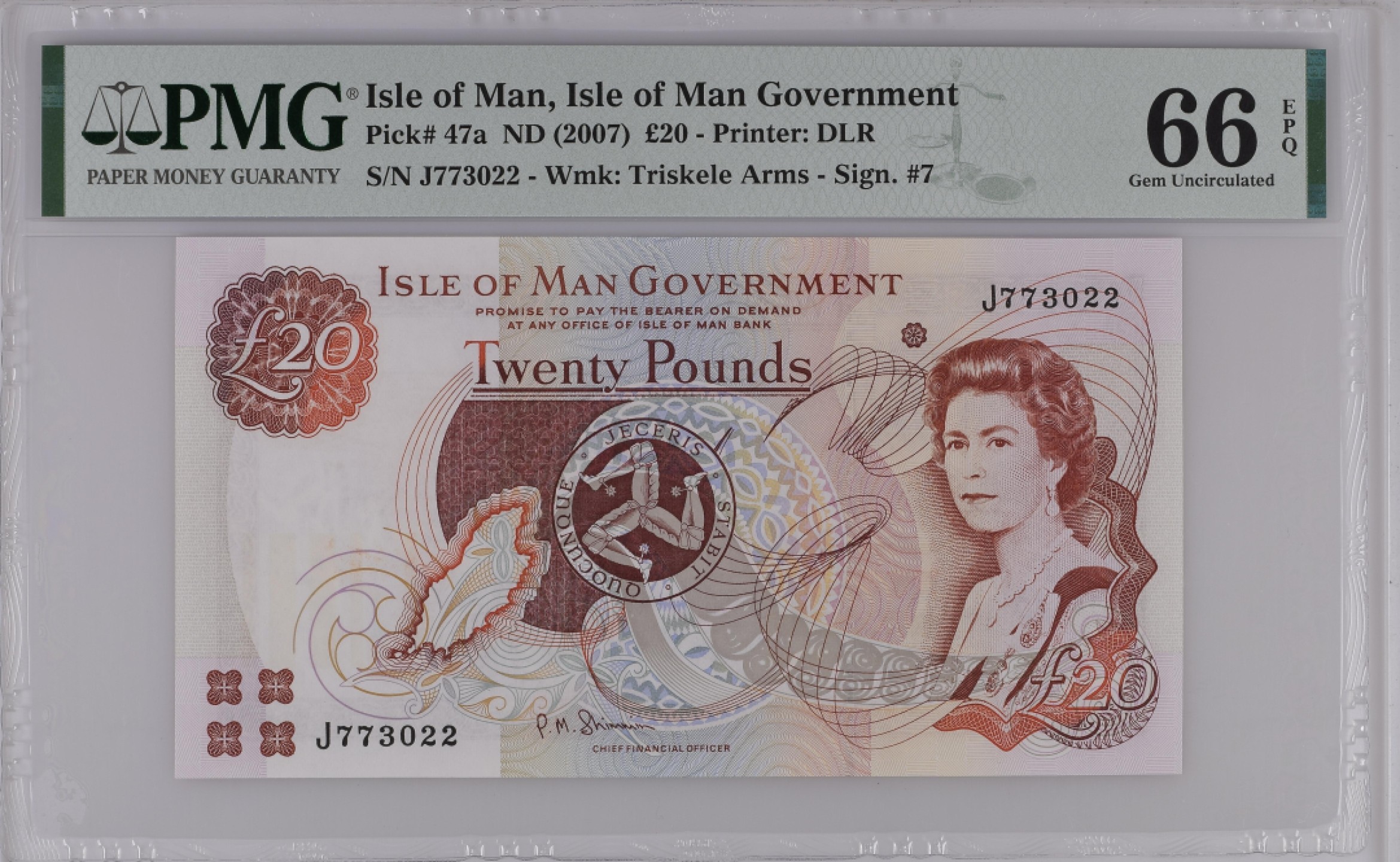 收藏联盟Quantum Auction 第200期拍卖  马恩岛2007年20镑 PMG66 稀少版本(行名少“limited”)  德纳罗代印