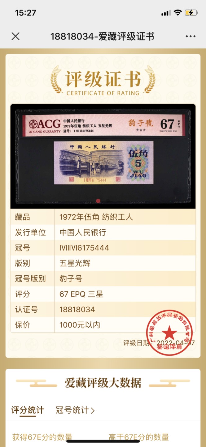 北极狼藏苑社第39场 0099-第三套人民币 ·186-6175444·五星光辉·三星豹子号·纺织工人·爱藏67EPQ