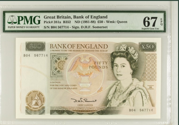 收藏联盟Quantum Auction 第200期拍卖  英国1981-88年50镑 PMG67 英国皇家学会创始人之一，天文学家和建筑师克里斯托弗爵士