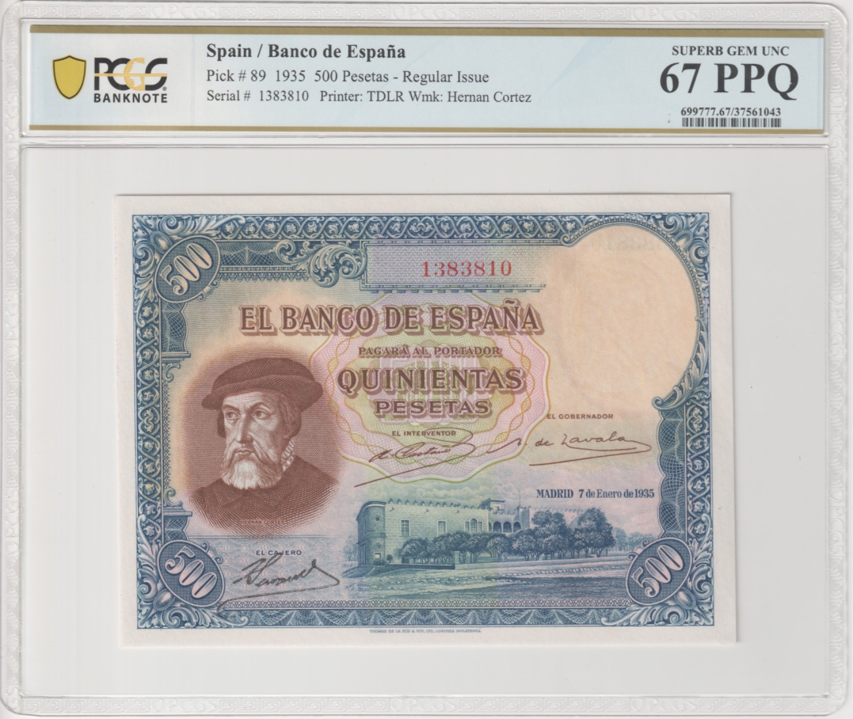 收藏联盟Quantum Auction 第200期拍卖  西班牙1935年500比塞塔 PCGS67 pcgs冠军分