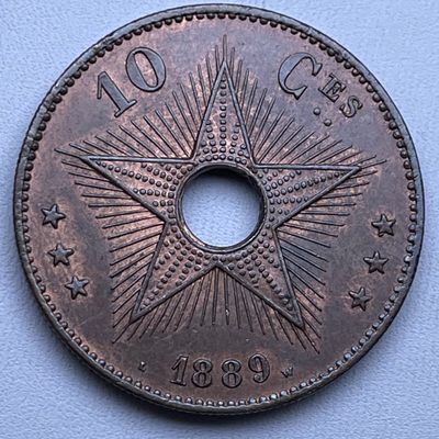 零佣金，「铜匠收藏」散币 第【15】场拍卖，期待您的参与 - UNC品相 1889 比属刚果 10分 中孔老铜币 直径：35mm
