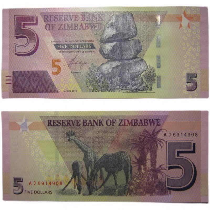 北极狼藏苑社(30)港澳台，邻国钞.裸票 94006-非洲 2019年 津巴布韦5元纸币 半塑料钞 