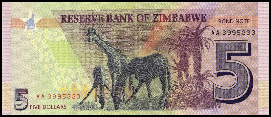 北极狼藏苑社(30)港澳台，邻国钞.裸票 94006-非洲 2019年 津巴布韦5元纸币 半塑料钞 