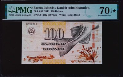 《家喻户晓》世界靓号纸钞第四期 - 2011法罗群岛100克朗 高分满分70★ 顶级的藏品