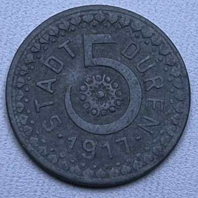 零佣金，「铜匠收藏」散币 第【15】场拍卖，期待您的参与 - 非常稀少的 1917 德国 紧急状态 杜伦 5芬尼 代币 锌币 直径：19mm