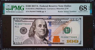 《家喻户晓》世界靓号纸钞第四期 - 2017A美国100美元 数二雷达号双豹子号88877888 高分PMG68