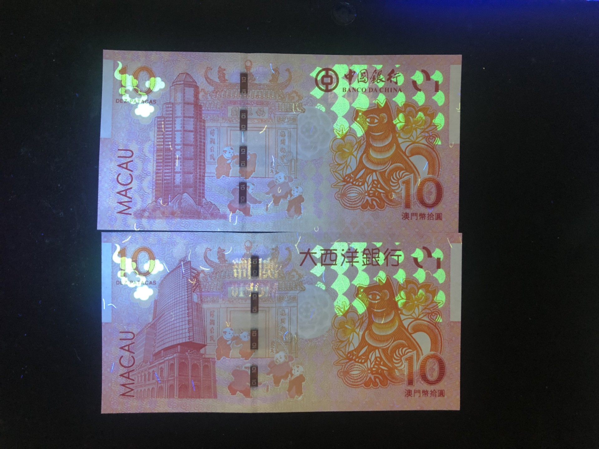 北极狼藏苑社(30)港澳台，邻国钞.裸票 9614-中国银行·大西洋银行·澳门生肖拾元·豹子身尾5同对钞.狗