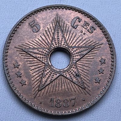 零佣金，「铜匠收藏」散币 第【15】场拍卖，期待您的参与 - UNC品相 1887 比属刚果 5分 中孔老铜币 直径：30mm