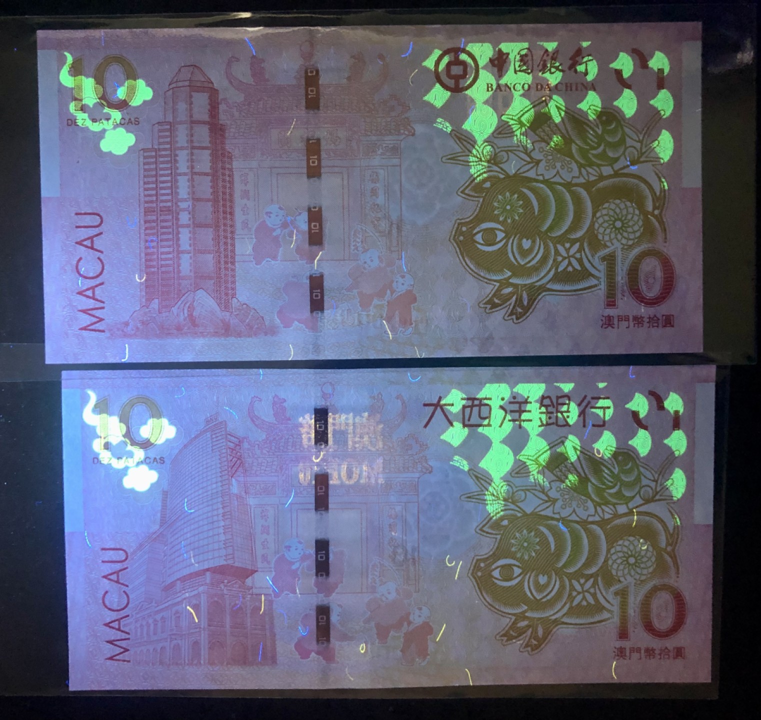 北极狼藏苑社(30)港澳台，邻国钞.裸票 9606-中国银行·大西洋银行·澳门生肖拾元·猪