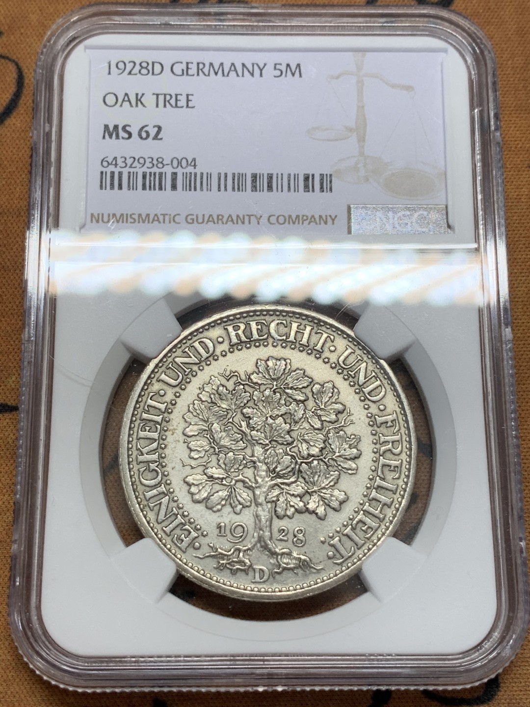 《竞宝斋》第108场-周日，周一 ，周四3场连拍（全场包邮） NGC MS62 1928D 德国 魏玛共和国 橡树5马克  银币 热门品种